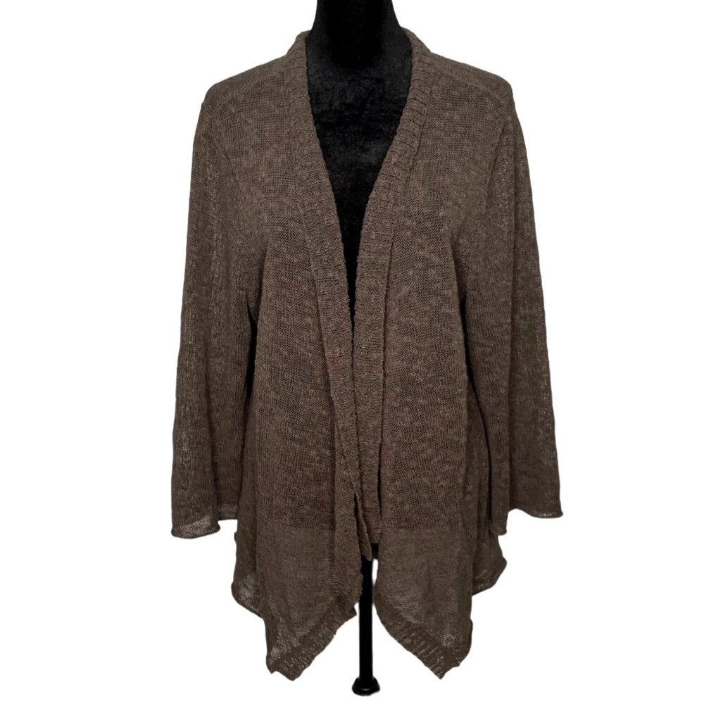 Eileen Fisher Size XL Linen Blend Textured Knit Brown Open Front Drape Cardigan